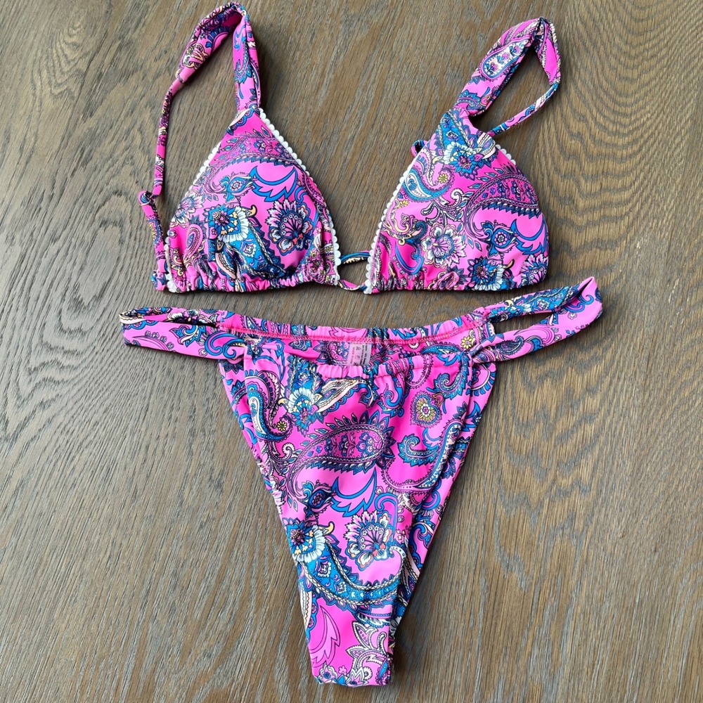 Vibrant Pink Paisley Print Triangle Bikini Swimsuit Set Women's Size L
